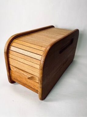 MCM Mid Century Modern Teak Tambour Wood Roll Top Storage Desktop Box by EIN